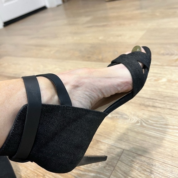 Joe’s Marcy Gray Denim High Back Crossed Front Heeled Sandal - Picture 13 of 16